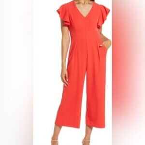 Eliza J Women’s Red Cropped Jumpsuit Flutter Sleeve Pocket Size 14, NWOT